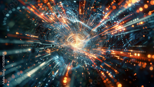 Colorful light waves with particles and futuristic spectrum in space