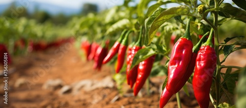 A variety of chili peppers including Birds eye chili and Chile de rbol are growing on a plant in a field, providing a staple food ingredient for natural foods and spices photo