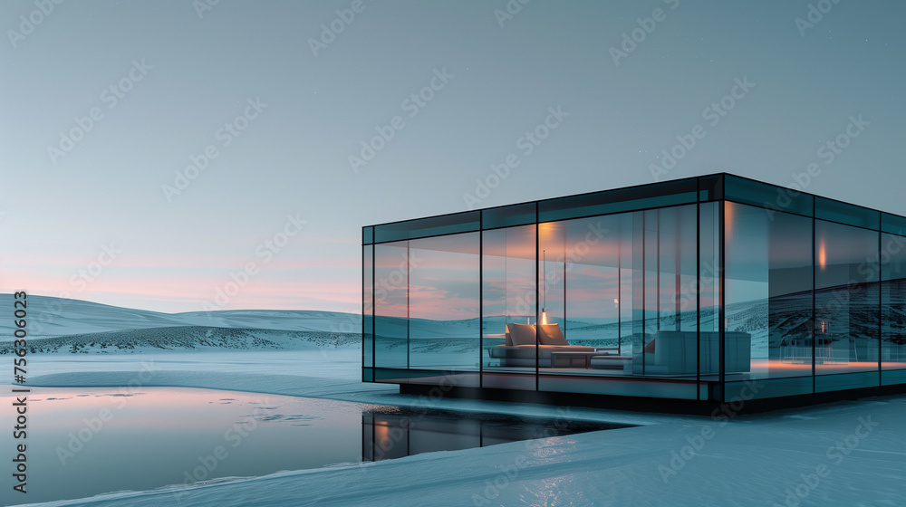 Villa in beautiful scenery and environment. Futuristic Glass House.