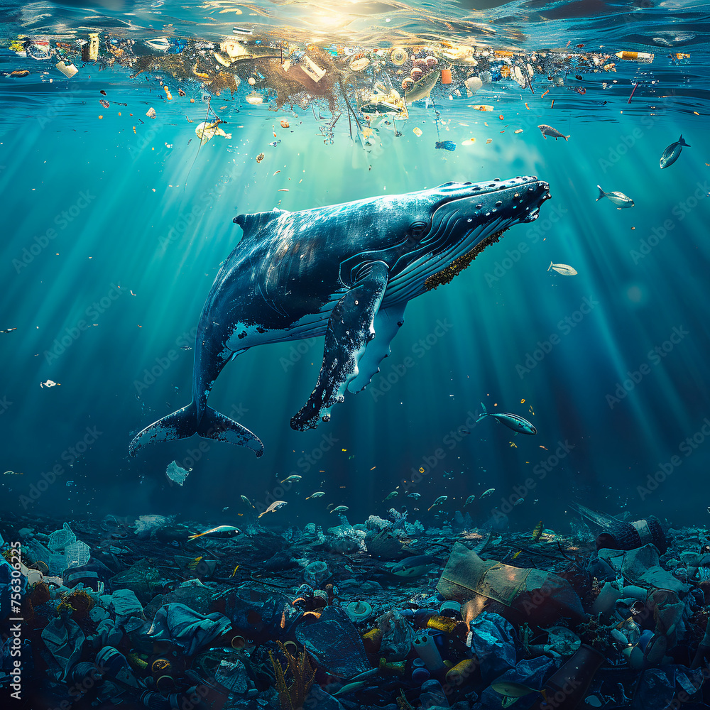 Fototapeta premium 海洋ゴミの中を泳ぐクジラ