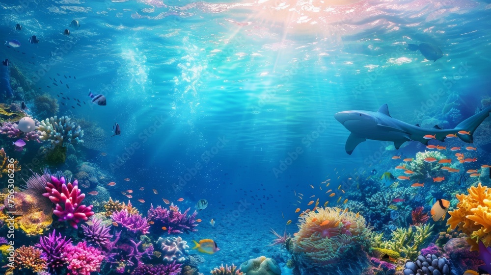 Naklejka premium underwater coral reef landscape 16to9 background in the deep blue ocean with colorful fish and marine life