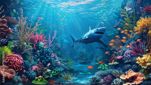 Fototapeta Naklejka Na Ścianę i Meble -  underwater coral reef landscape 16to9 background in the deep blue ocean with colorful fish and marine life