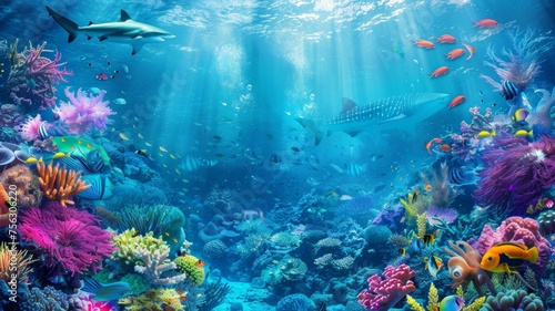 underwater coral reef landscape 16to9 background in the deep blue ocean with colorful fish and marine life