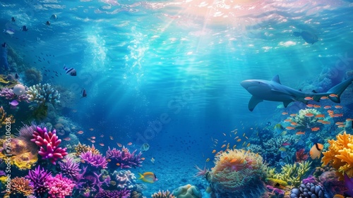 underwater coral reef landscape 16to9 background in the deep blue ocean with colorful fish and marine life photo