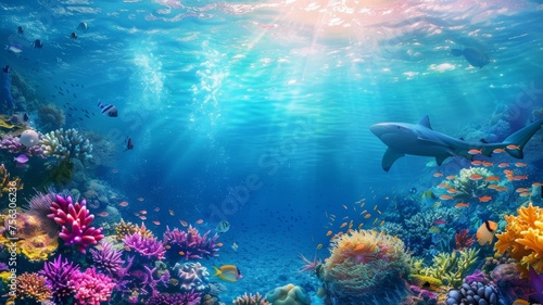 Fototapeta Naklejka Na Ścianę i Meble -  underwater coral reef landscape 16to9 background in the deep blue ocean with colorful fish and marine life