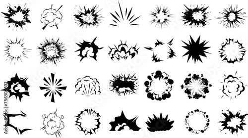 Explosion effects, black Explosion vector burst icons isolated. Perfect for comics, animation, print, digital art. Dynamic energy impact visuals