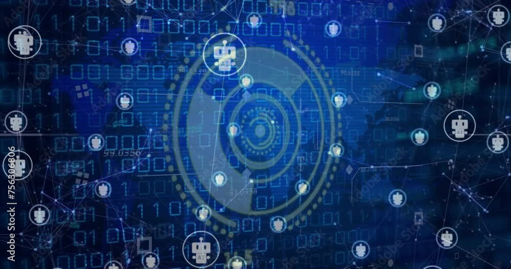Animation of network of connections with robot icons over scope scanning and world map Animation of network of connections with robot icons over scope scanning and world map