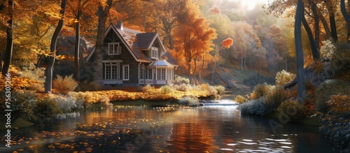 A digital rendering of an autumn landscape: charming house by a tranquil stream, surrounded by trees in fall colors 🍂🏡 Perfect for VR, landscape design, and environmental education