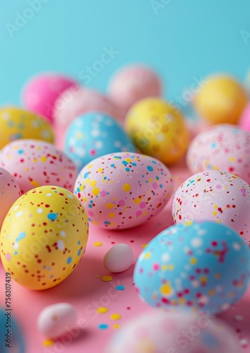 Easter decoration colorful eggs on blue background with copy space. Beautiful colorful easter eggs. Happy Easter. Isolated. 