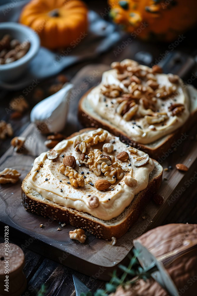 A delicious dish of two slices of toast topped with hummus and walnuts served on a rustic wooden cutting board, perfect as a finger food or snack A delicious dish of two slices of toast topped with hummus and walnuts served on a rustic wooden cutting board, perfect as a finger food or snack