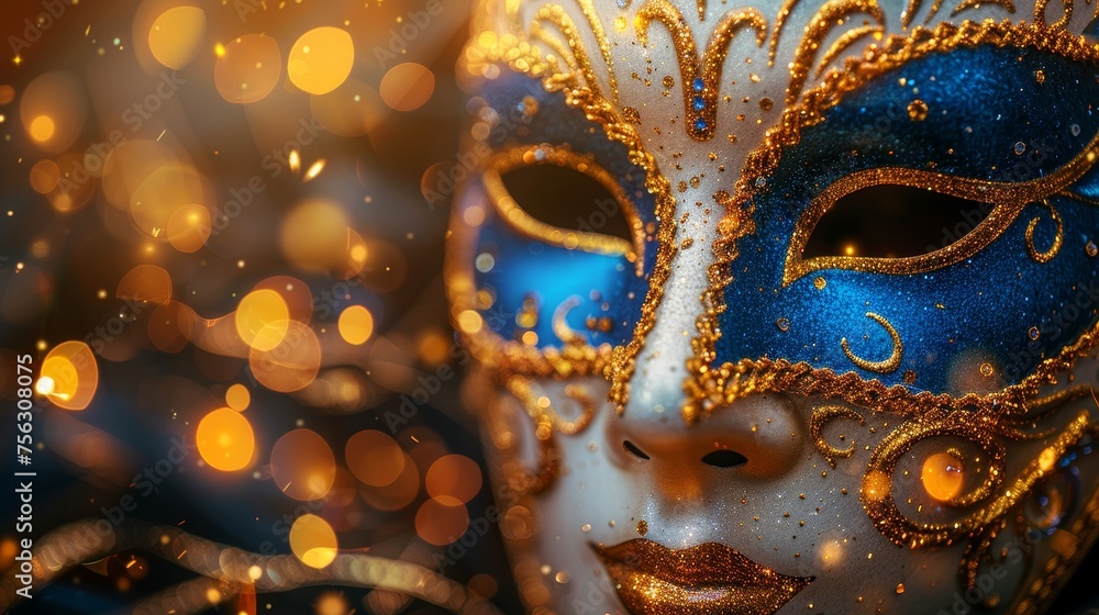 Mask with abstract defocused bokeh lights and flowing Streamers - Concept of Masquerade Disguise