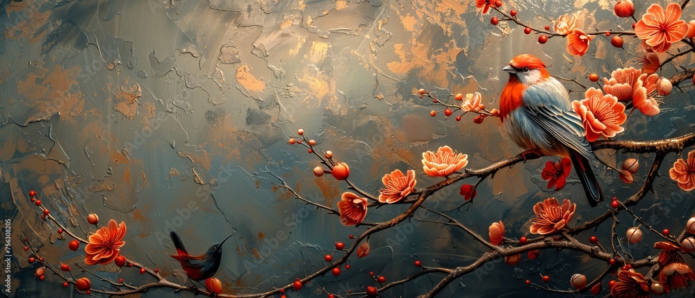 Painting background. Abstract background with flowers, branches, birds, golden brushstrokes. Oil on canvas. Artwork. grey, poster, card, mural, print, wall artwork. - obrazy, fototapety, plakaty 