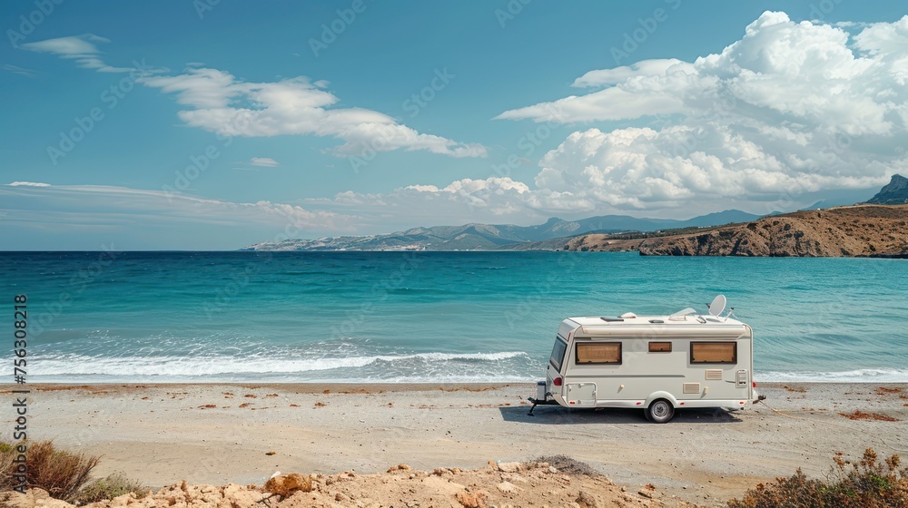 Photo of a caravan camping on the coast.