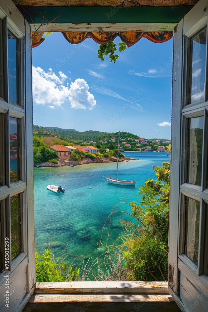 Through a window: a picturesque island with crystal-clear waters, lush greenery, and a serene atmosphere 🏝️ Escape into nature's tranquil paradise, ideal for travel brochures and relaxation-themed