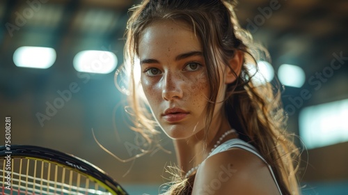 Close-up photo of beautiful young woman playing tennis indoors © Jang