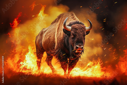 A bison galloping through a blazing field  fleeing from a forest fire. The scene captures the urgent movement of the animal amidst the fiery backdrop