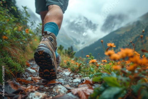 Close up of Low angle view of male legs, a jogger or hiker feet wearing sports shoes on a mountain track. Trail running workout on rocky terrain outdoors, beautiful country road © KatyaPulina