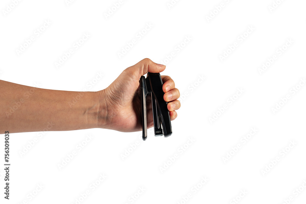 Black stapler in hand isolated on transparent background
