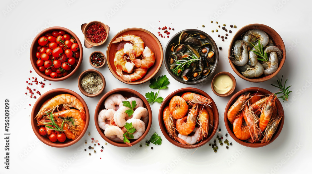 Assorted Bowls of Food With a Variety of Seafood Options Assorted Bowls of Food With a Variety of Seafood Options