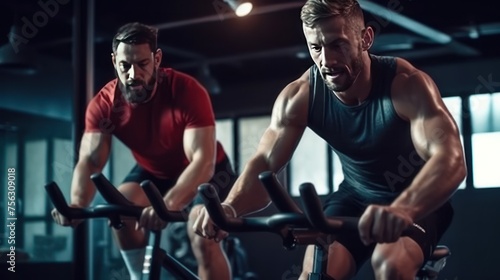 Portrait of a man on an exercise bike in the gym, a man with a beard and glasses on an exercise bike. © ANIS