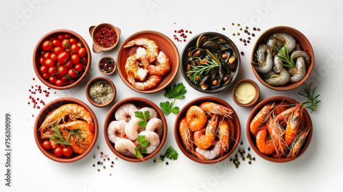 Assorted Bowls of Food With a Variety of Seafood Options