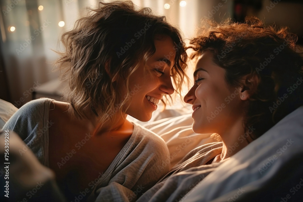 A couple of women, showing intimacy and love, lying next to each other in bed A couple of women, showing intimacy and love, lying next to each other in bed