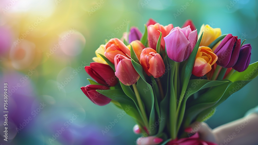 Hand holding a bouquet of tulips