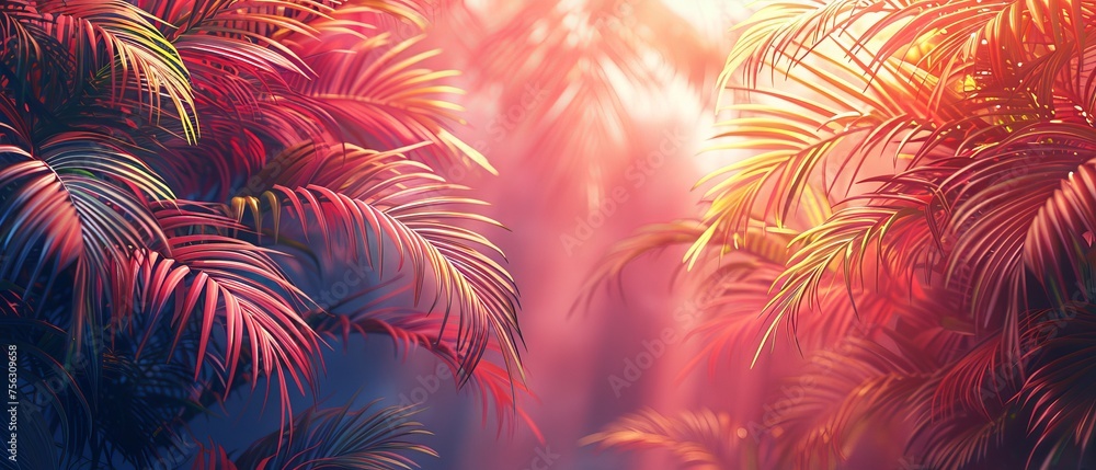 Lush Palm Leaves in Pastel Colors on a Vibrant Pink Canvas: 3D rendered top view of tropical paradise