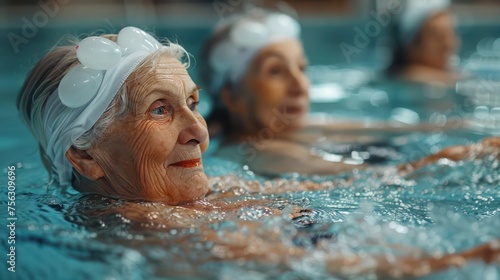 Group of elderly women exercising in water