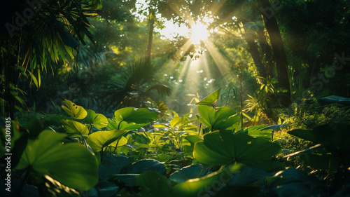 sunlight through the dense jungle foliage
