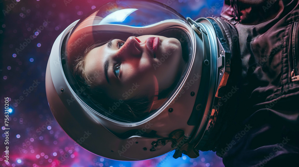Portrait of  a woman astronaut floating in space