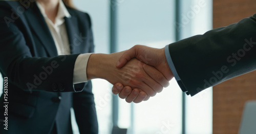 Businesswoman shakes the man's hand. No faces.