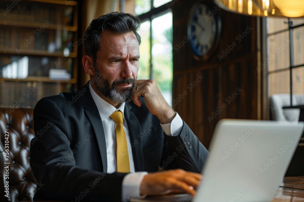 Man in Suit Thinking Deep Thoughts While Using Laptop Generative AI Man in Suit Thinking Deep Thoughts While Using Laptop Generative AI
