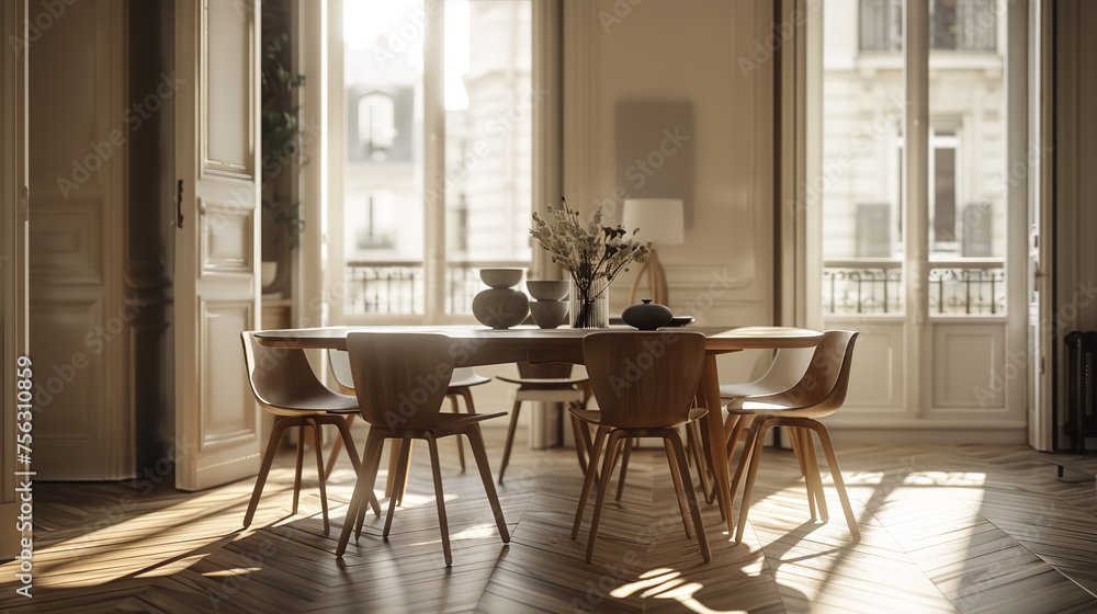 A minimal and luxury Parisian haussmann interior with an accent of wabi sabi style