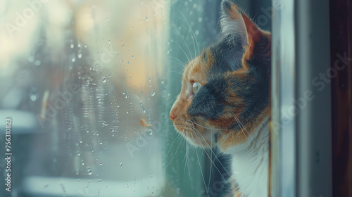 a Calico cat with diluted coloration cat looking out of the window, in the style of experimental filmmaking photo