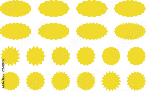 Starburst yellow sticker set, collection of special offer sale oval and round shaped sunburst labels and badges. Promo stickers and badges, seal, stamp, print with star edges. Vector.
