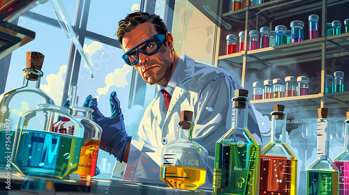 Animated Chemist with Vibrant Elixirs