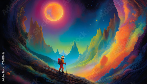 An acrylic painting of a glowing moon miner walking on the surface of the moon. The moon and stars are depicted in vibrant and otherworldly colors.