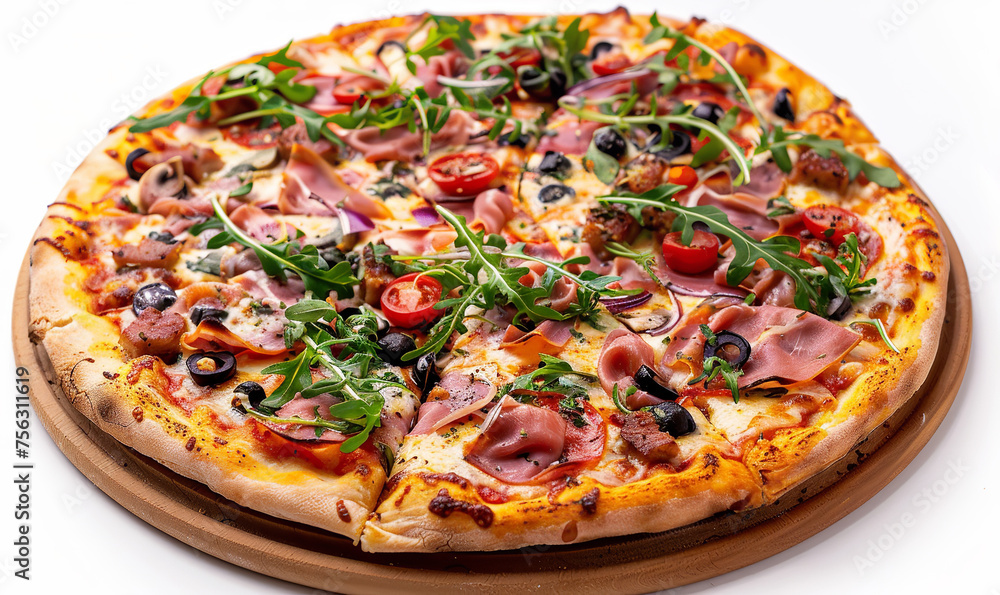 delicious aromatic varied pizza with green close-up on a white background