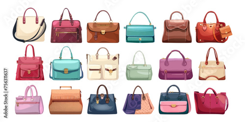 Set of women's fashion bags on white background.
