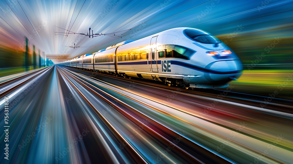 futuristic high-speed train shot at full speed, countryside, blurry background futuristic high-speed train shot at full speed, countryside, blurry background