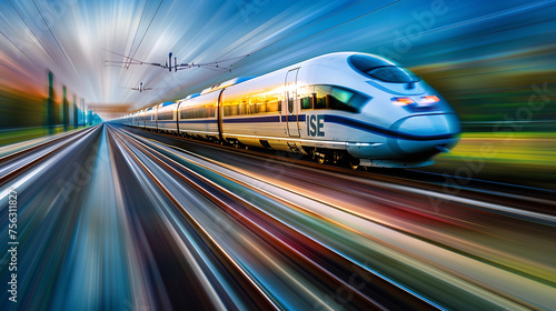 futuristic high-speed train shot at full speed, countryside, blurry background