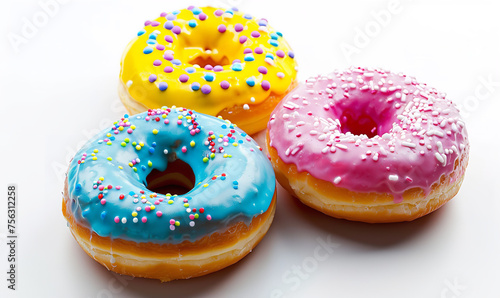 sweet delicious donuts lush fragrant fruity with multi-colored glaze close-up on a white background