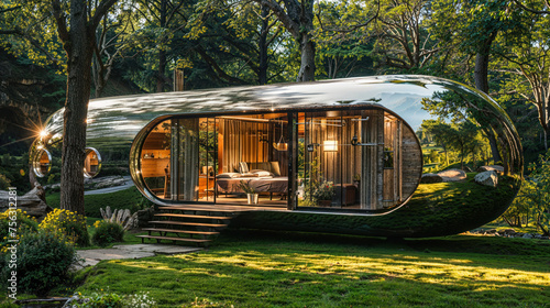 A unique, modern capsule-shaped eco-friendly house nestled within a lush forest setting that showcases a blend of natural and contemporary elements photo