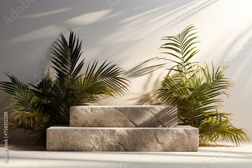 Stone podium with tropical palm leaves for product presentation.