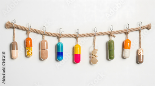 Cute paper cut design of colorful various shape of medicines are hanging from a rope on a white background.