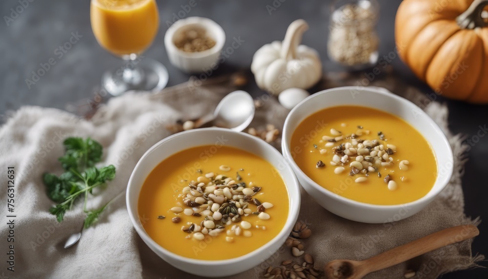 view of Pumpkin cream soup with seeds Healthy eating Vegetarian food Diet view of Pumpkin cream soup with seeds Healthy eating Vegetarian food Diet
