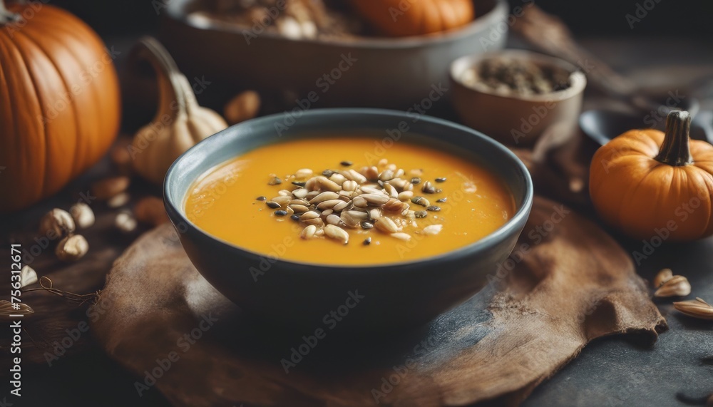 view of Pumpkin cream soup with seeds Healthy eating Vegetarian food Diet view of Pumpkin cream soup with seeds Healthy eating Vegetarian food Diet