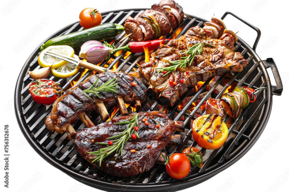 Juicy meat and vibrant vegetables sizzle on a hot grill, creating a mouthwatering display of flavors and textures