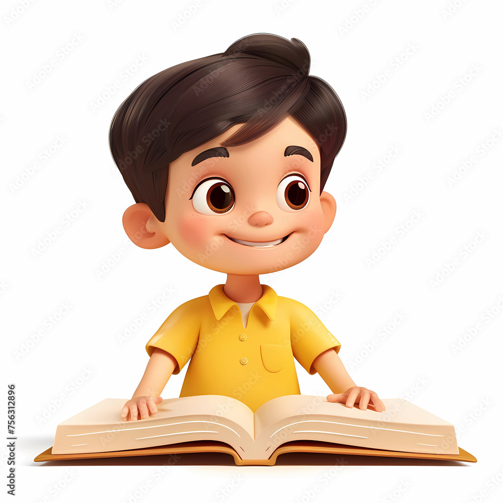 A smiling boy in a yellow T-shirt, an open book. a grateful student. the joy of knowledge. the happy dreamy mood of the child. reading fairy tales. isolate on a white background. illustration